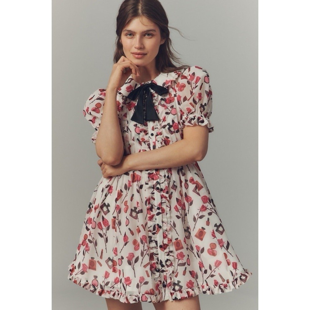 Anthropologie x Maeve x Anisa Makhoul Floral Ribbon Tie Neck 50s Cottagecore